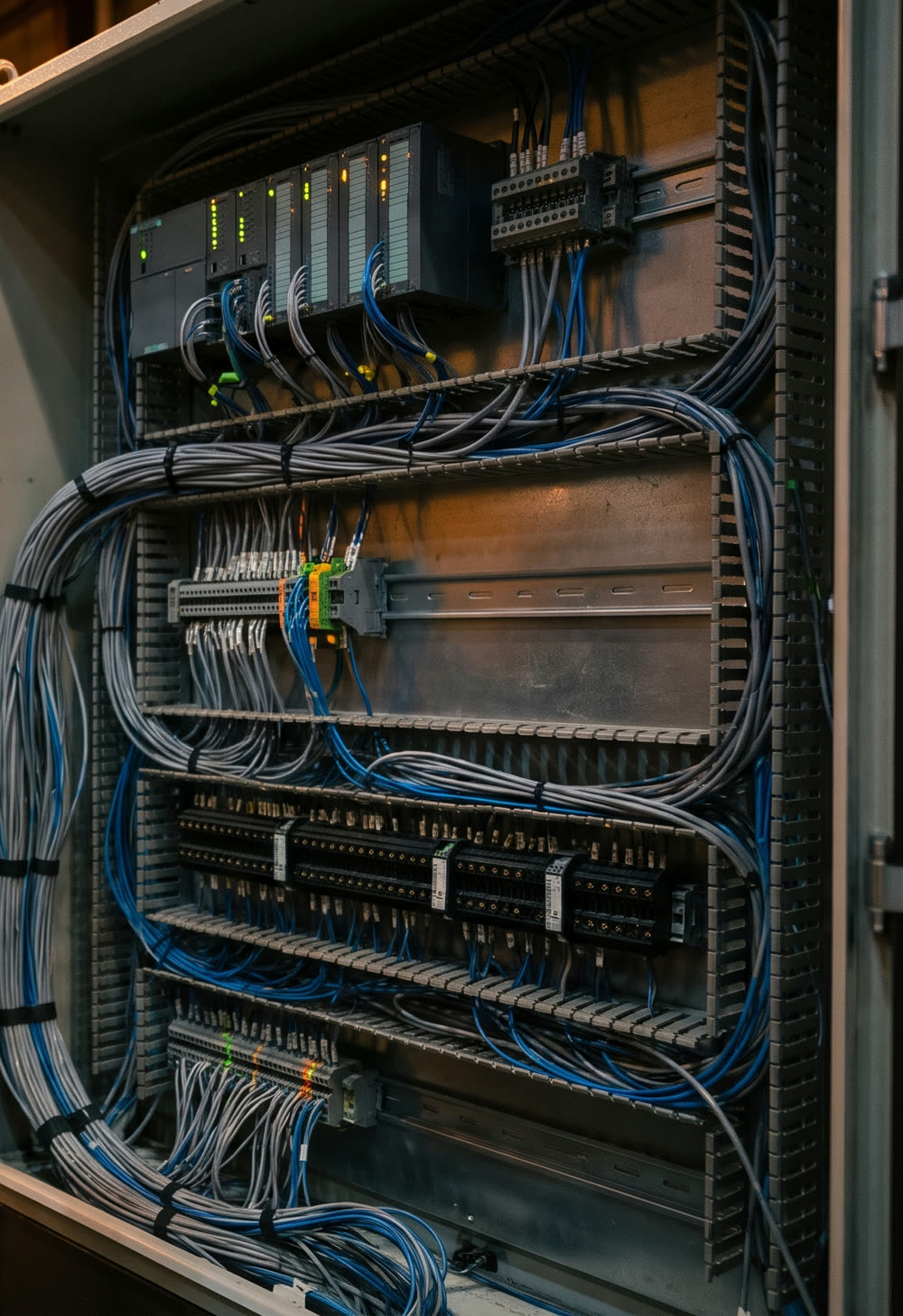 Control cabinet with controller modules, terminal blocks and organized wiring
