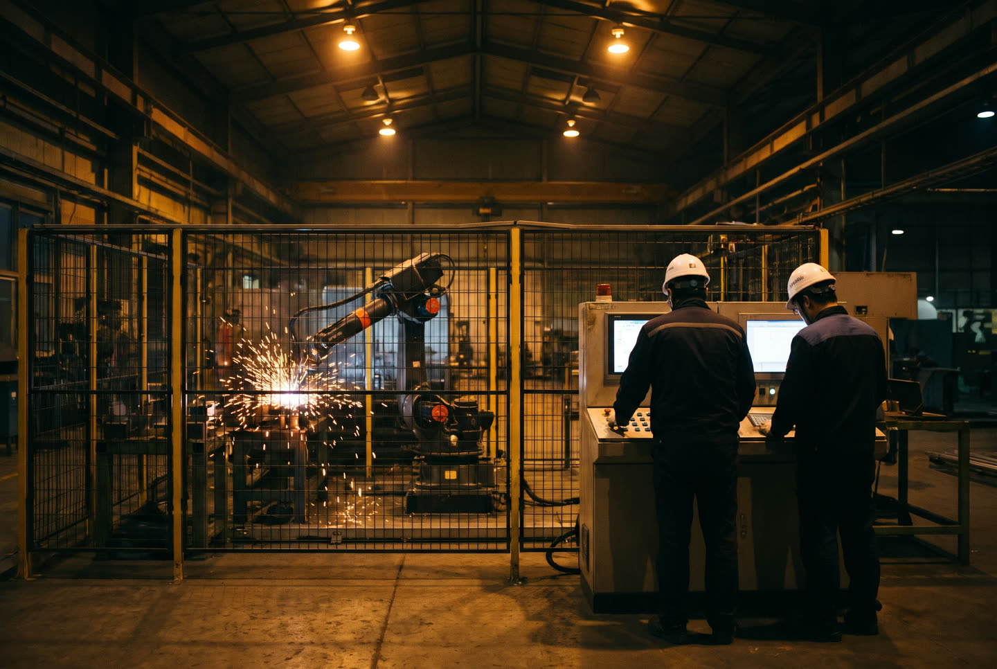Two engineers commissioning a robotic welding cell