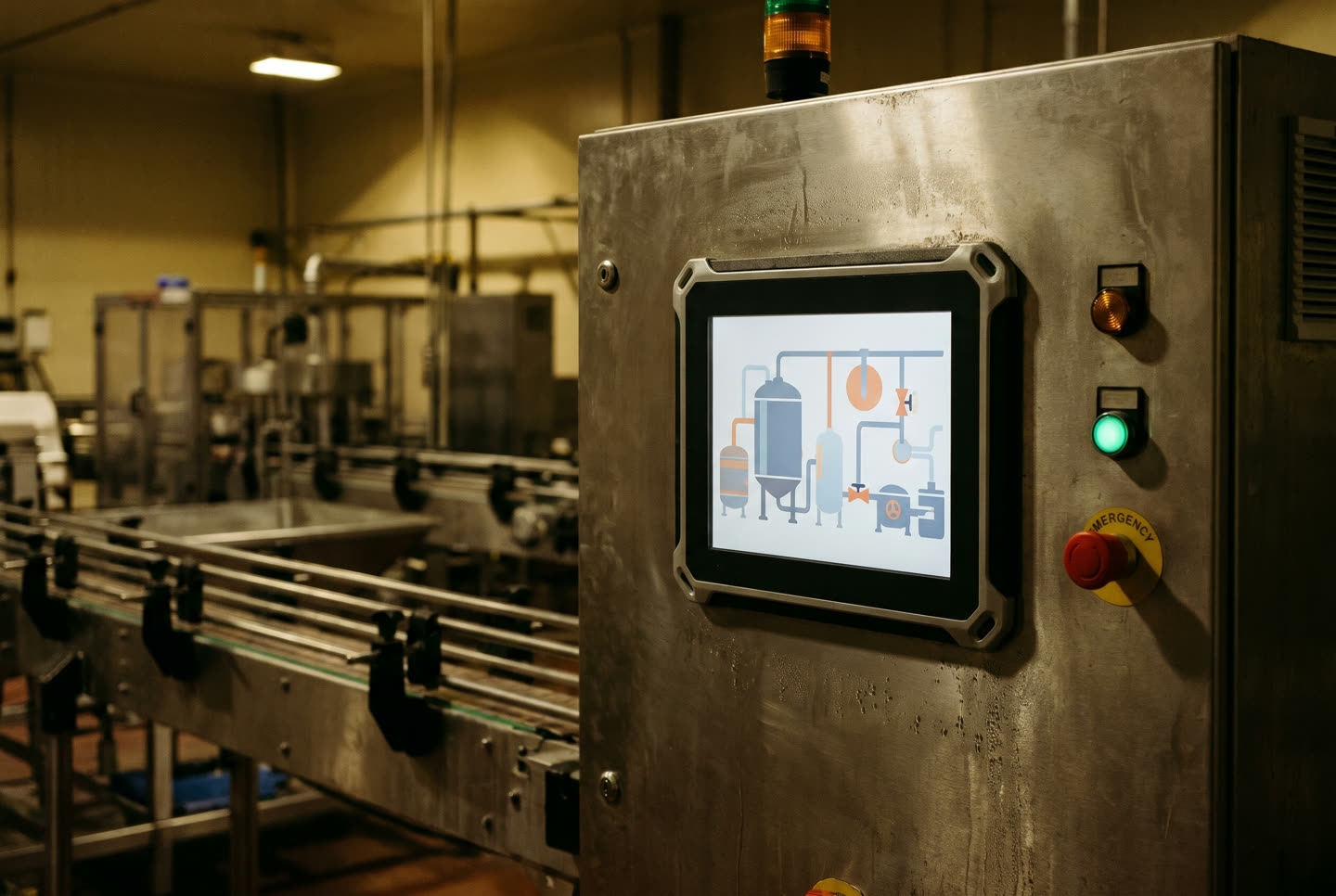 Industrial touchscreen operator panel on a food production line