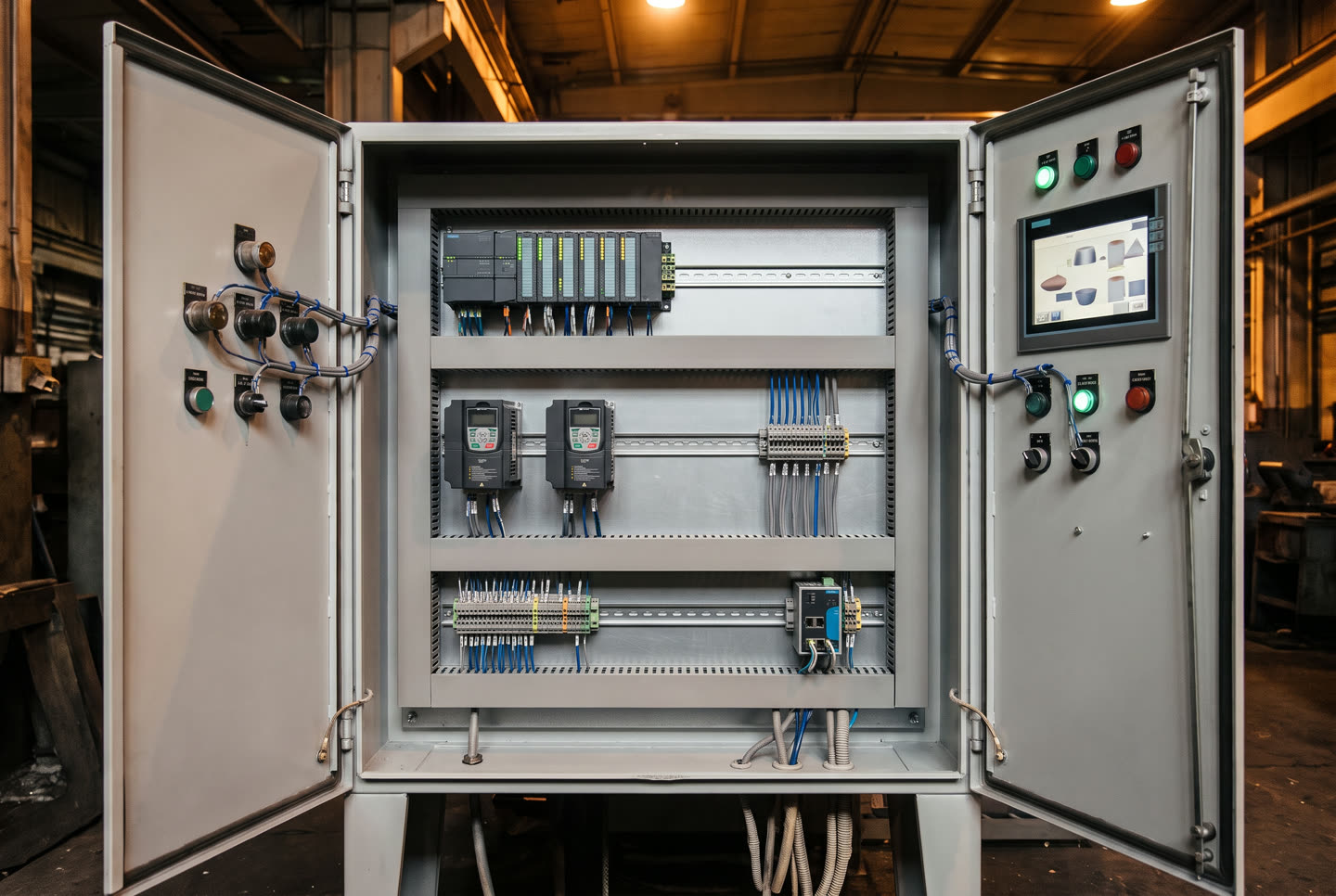 The same cabinet after the retrofit, with a modern controller and organized wiring