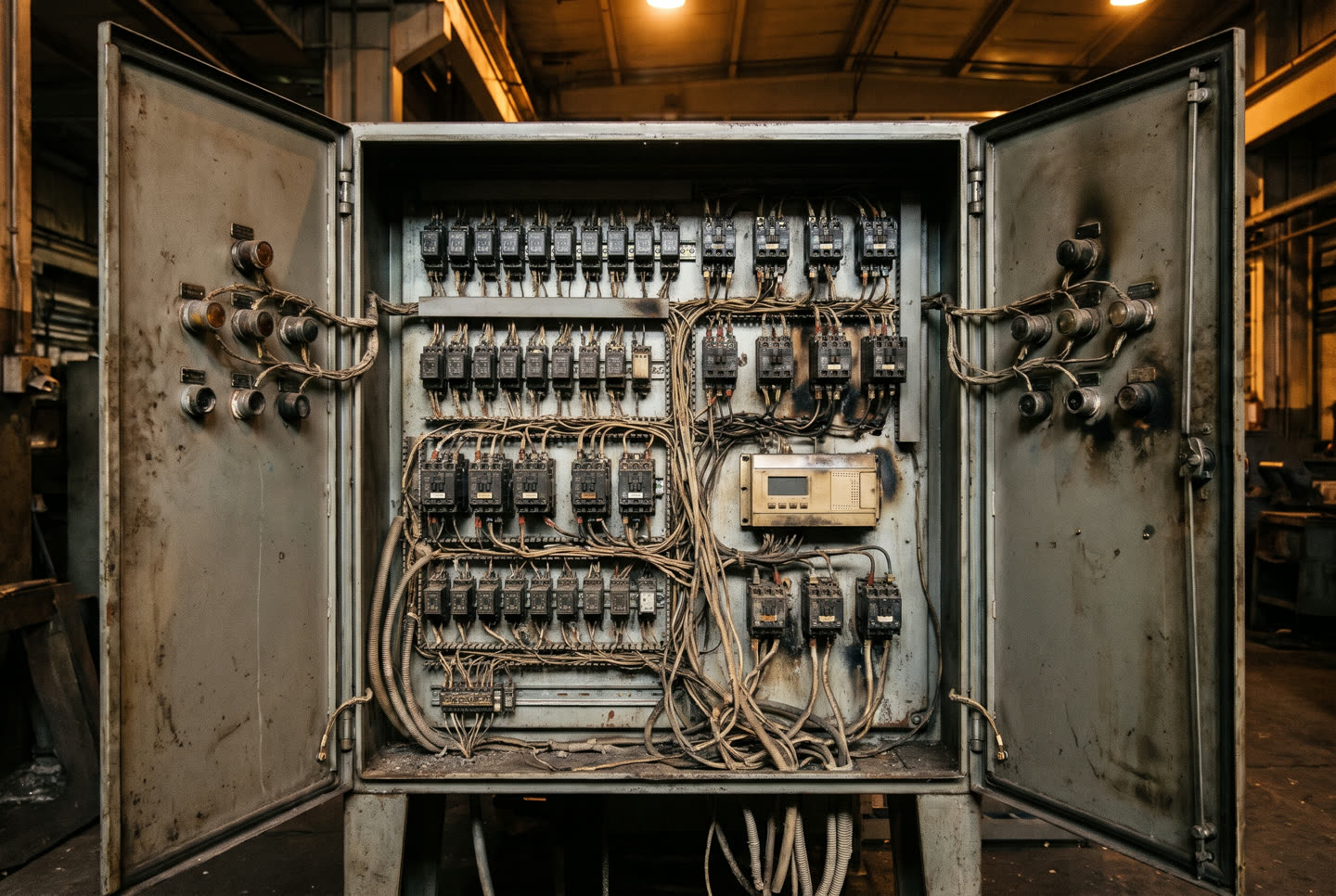 Legacy control cabinet with old relays and tangled wiring