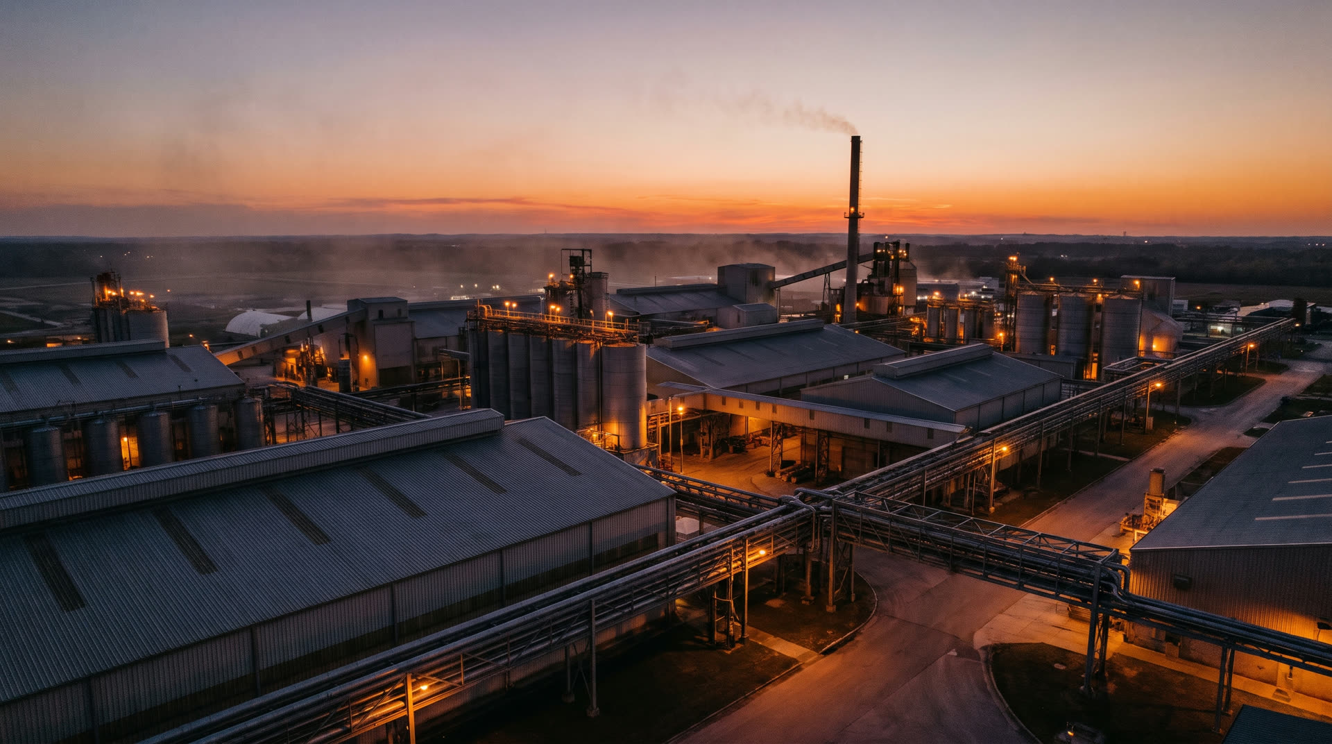 Aerial view of an industrial plant at dusk