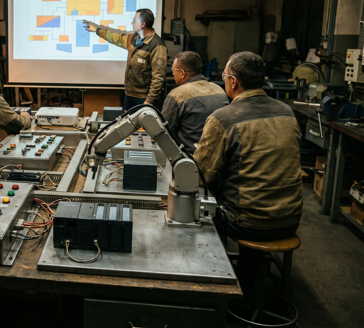 Technicians at a training bench with a controller trainer panel and a small robot arm